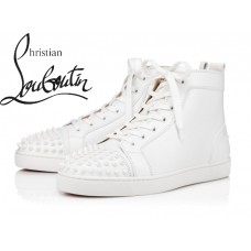 Christian Louboutin Lou Spikes In White Leather Flat High Tops